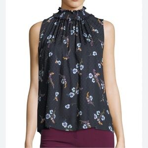 Rebecca Taylor Button Back Keyhole High Neck Silk Swiss Dot Floral Blouse Sz M